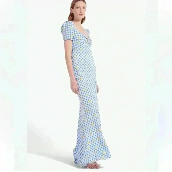 NWT Staud Lea Dress, Blue + White Gingham Daisy Plaid, Slit, Cap Sleeves, SZ 00 - Picture 2 of 8